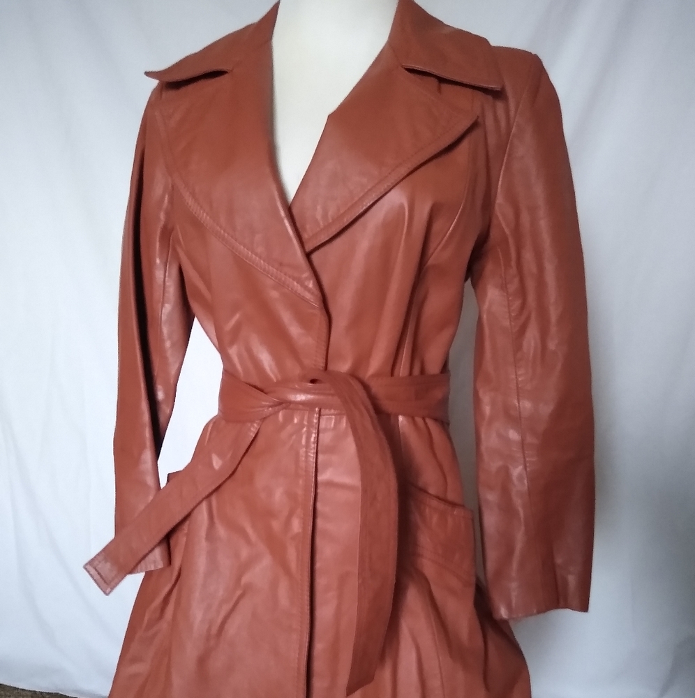Vintage Leather Trench Coat Open Tie Close Burnt Orange by P.B.D. International - Picture 4 of 14